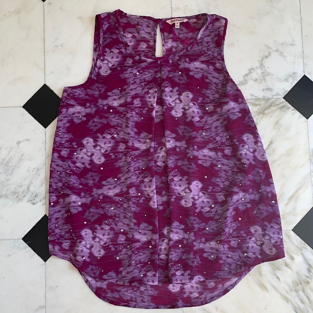 Juicy Couture Sliver Studded Purple Abstract Flowy Tank Top
